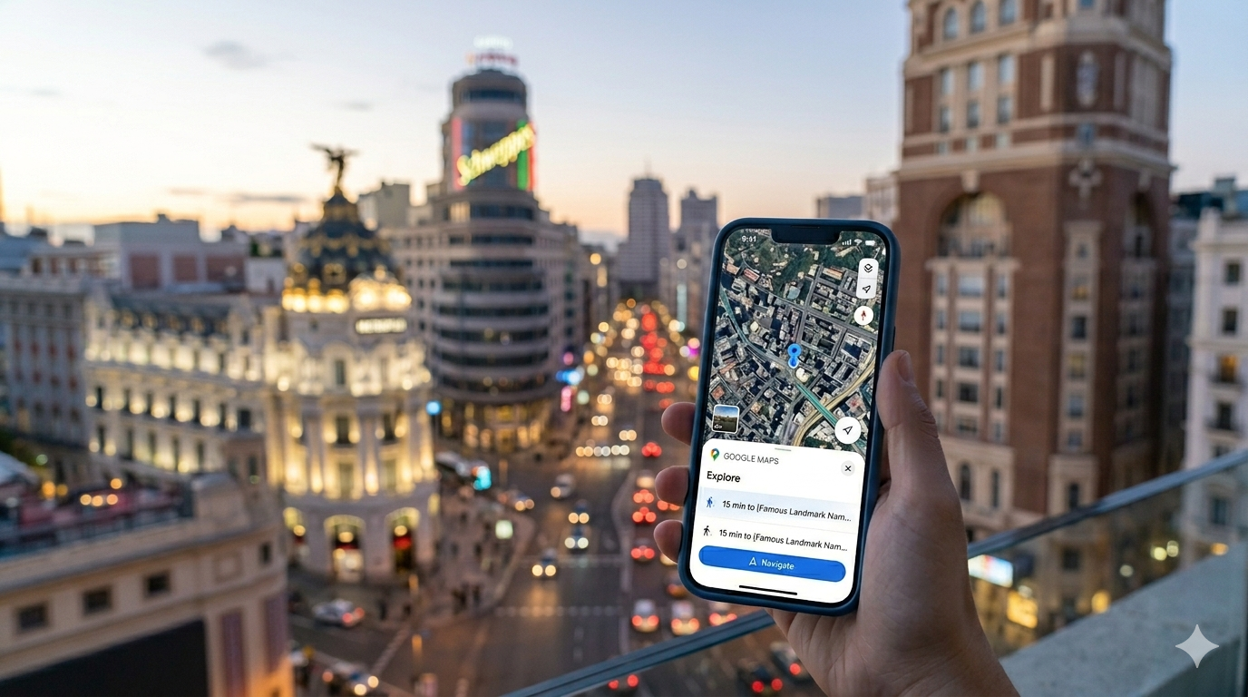 Mano sosteniendo celular con Google Maps abierto en la Gran Vía de Madrid con fondo difuminado