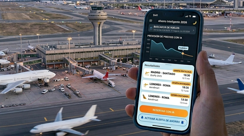Mano sosteniendo celular con app de búsqueda de vuelos inteligentes y gráfico de precios con IA sobre fondo de aeropuerto con aviones en pista