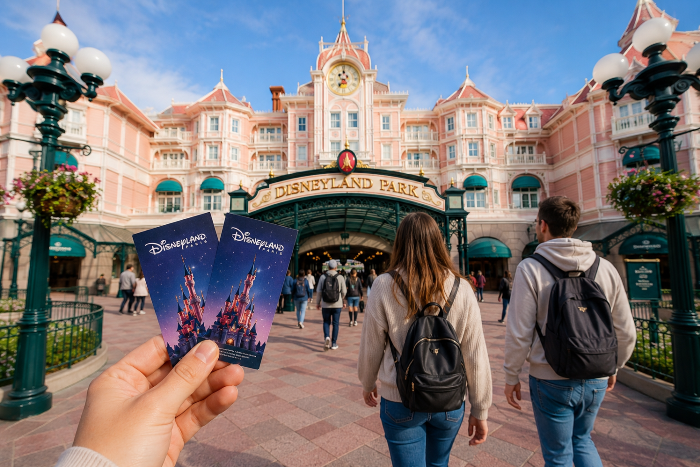 Personas entrando a Disneyland Par&iacute;s con sus entradas