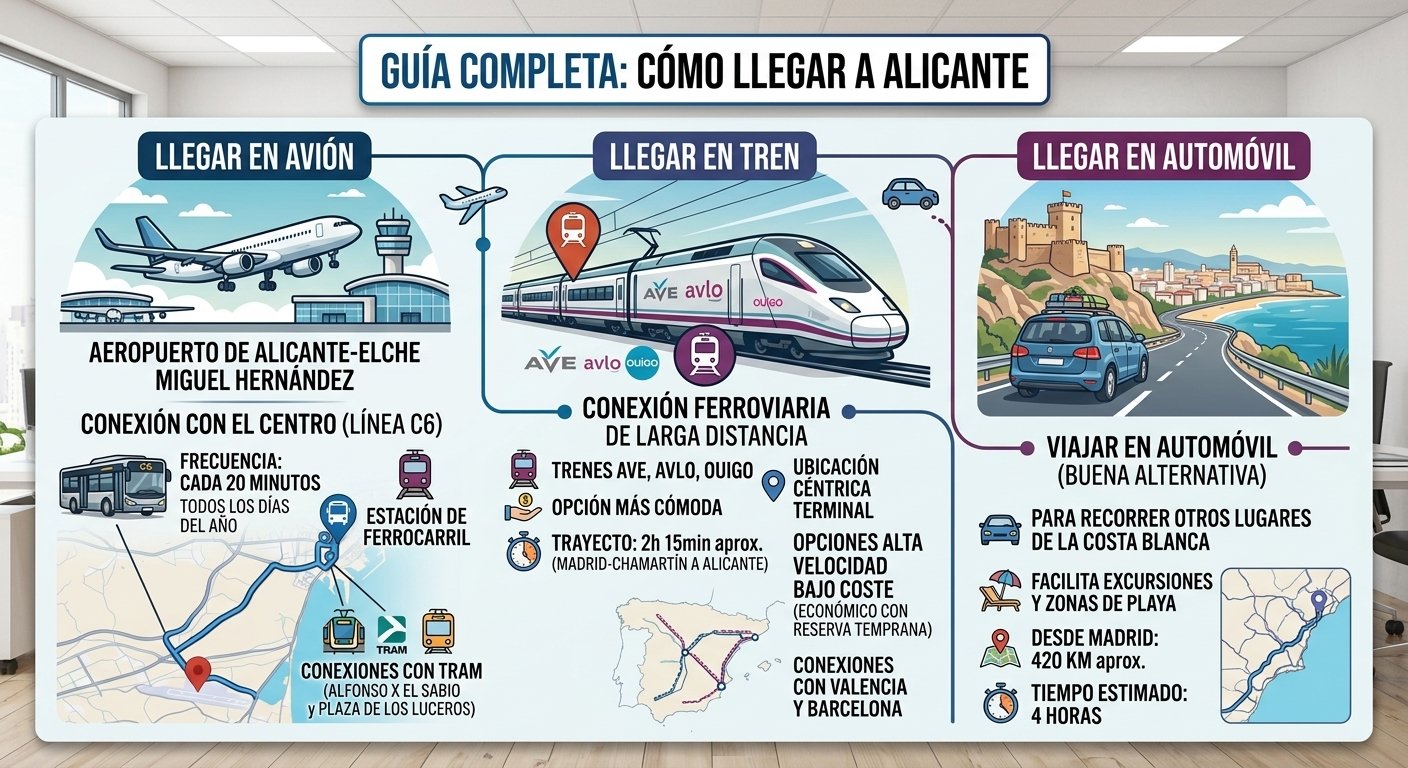 Una infograf&iacute;a dividida en tres secciones que muestra c&oacute;mo llegar a Alicante. La secci&oacute;n "Llegar en avi&oacute;n" detalla la conexi&oacute;n del aeropuerto con la l&iacute;nea de autob&uacute;s C6 y la estaci&oacute;n de tren. La secci&oacute;n "Llegar en tren" describe las opciones de alta velocidad como AVE, Avlo y Ouigo, con tiempos de viaje aproximados desde Madrid. La secci&oacute;n "Llegar en autom&oacute;vil" resalta las ventajas de tener un coche para explorar la Costa Blanca, con distancias y tiempos de viaje estimados. Toda la informaci&oacute;n est&aacute; en espa&ntilde;ol.